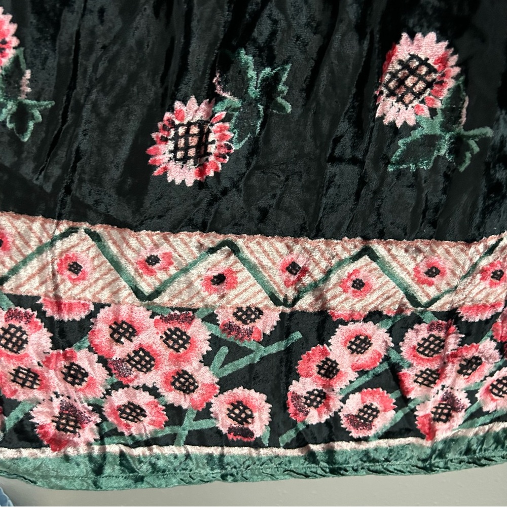 Vintage Floral Velvet Maxi Skirt Free Size Pull On Elastic Waist Boho Black Pink - Picture 9 of 11